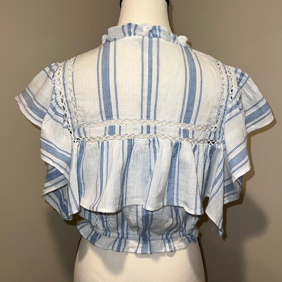 LoveShackFancy Nora Handkerchief Crop Top Blue Stripes Flutter Sleeve Size M - Picture 7 of 12